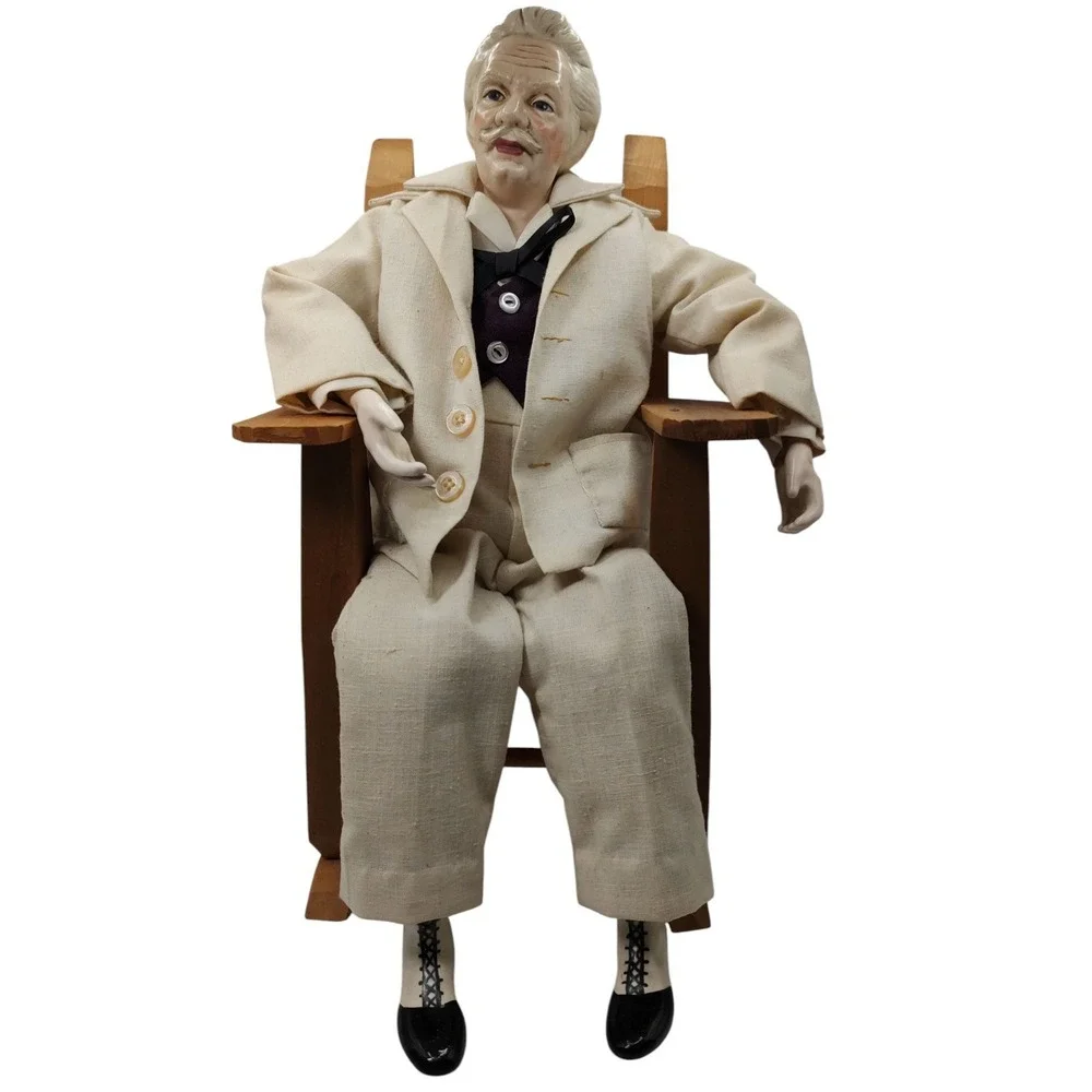 Vintage Handmade Mark Twain Porcelain Doll Complete Outfit Sitting In Chair‎